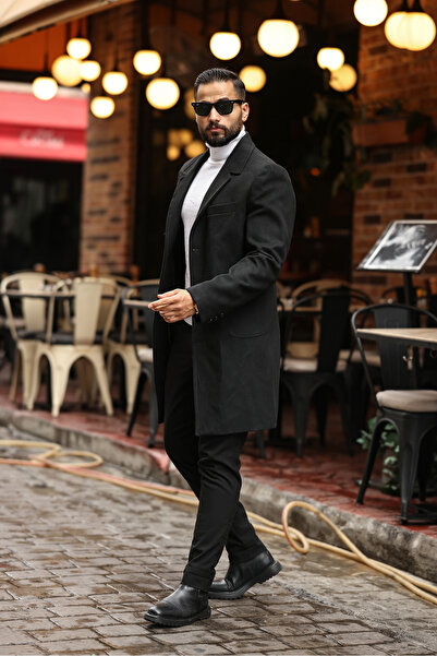 endap collection Men's Black Regular Fit Cashmere Coat with Flap Pocket Detail