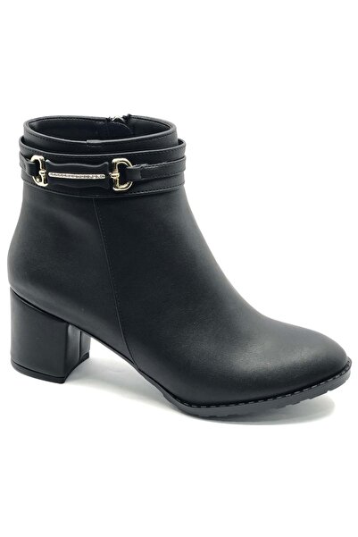 Kocamanlar Ayakkabı Feles side thin stone buckled classic heeled women's boots black