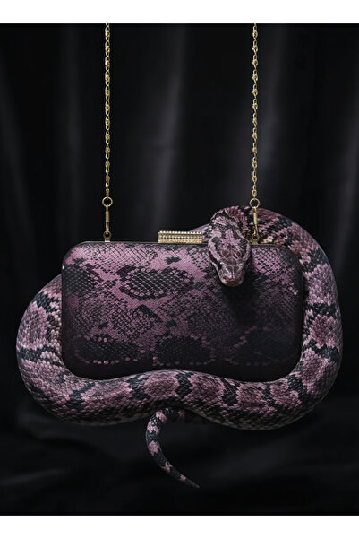 TOLEATHER Zincir Askılı Lüks Mor&Siyah - Özel Tasarım Yılan Desenli Abiye Çanta