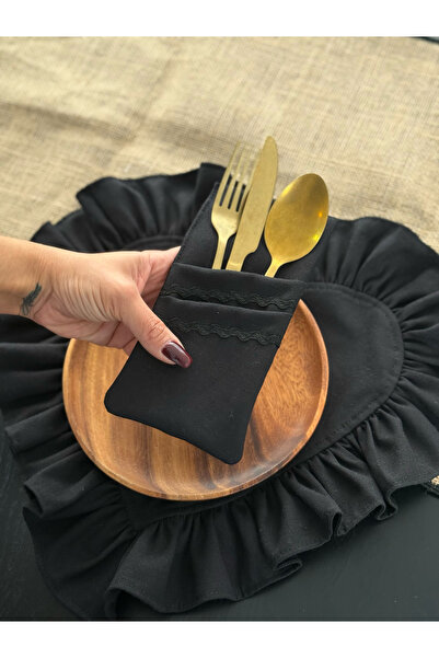 KaiAtelier 6-Piece Lune Linen Lace Detailed 2-Compartment Spoon Holder / Napk...