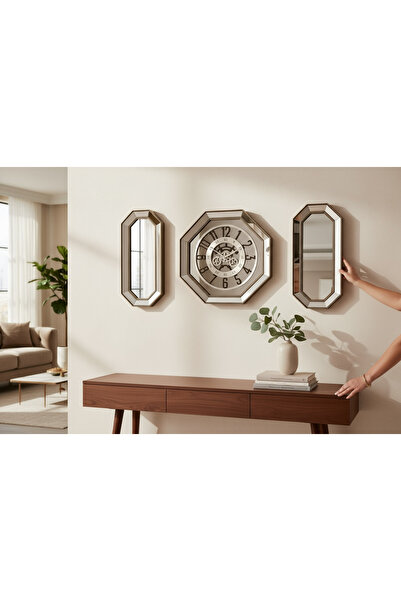 Amisos Dekor Aynalı 3’lü 8gen Saat Takımı – Gold Çerçeve Bronz Ayna | Orta Sa...