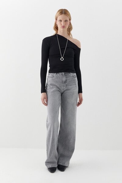 MARKALİSTE Boat Neck Off Shoulder Blouse Black