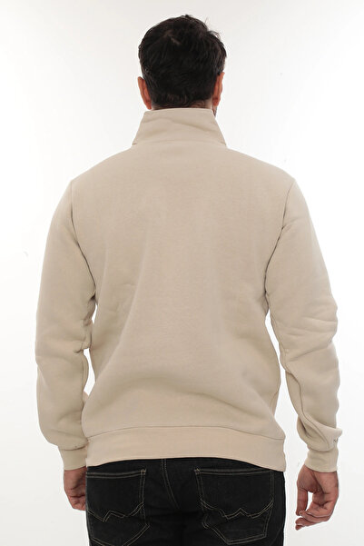 PHANTOM JEANS Ανδρικό φούτερ με μπεζ χρώμα, κανονική εφαρμογή, κανονική εφαρμογή, με φλις εσωτερικά, με μισό φερμουάρ, όρθιο γιακά, βαμβακερό φούτερ