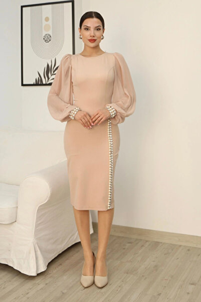 lodmela Pearl and Stone Embellished Balloon Sleeve Evening Dress 2244-Camel