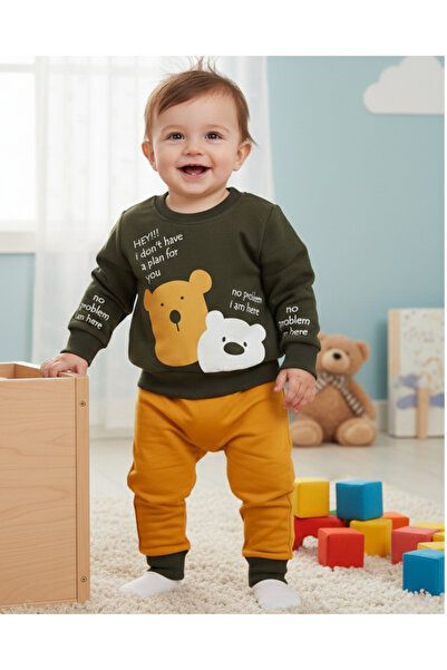 Ege Bebek Baby Boy Bottoms with Teddy Bear Print 3-6-9-12-18 Months Old Top and Bottom Daily Tracksuit Set