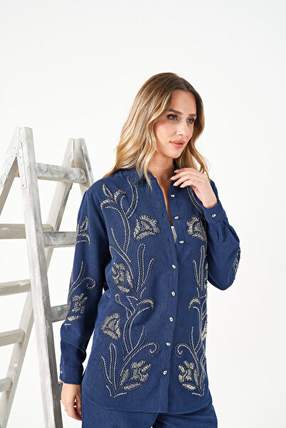 MİA NOURA Women's Velvet Shirt and Pants Set with Beaded Embroidery on the Front and Sleeves