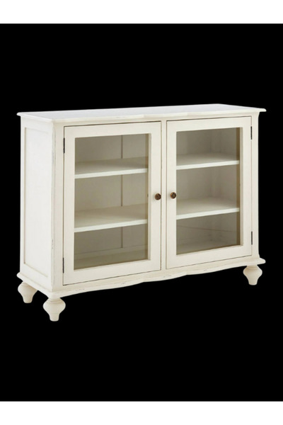 feruzadeco Ahşap Cam Kapaklı 2 Kapılı 3 Raflı Vitrin Dolap – Country Krem Ret...