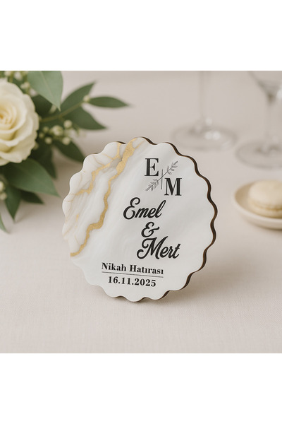 Tasarım Şeker 50 Adet Kişiye Özel Epoksi-Mermer Görünümlü Ahşap Magnet – Krem...