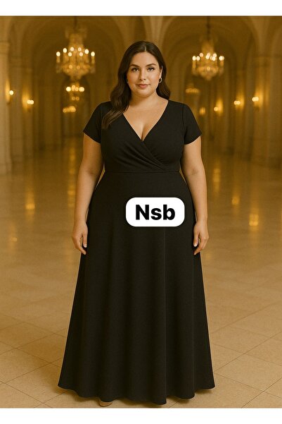 Nsb Tasarım Rochie lungă neagră premium pentru femei, cu mâneci scurte, decol...