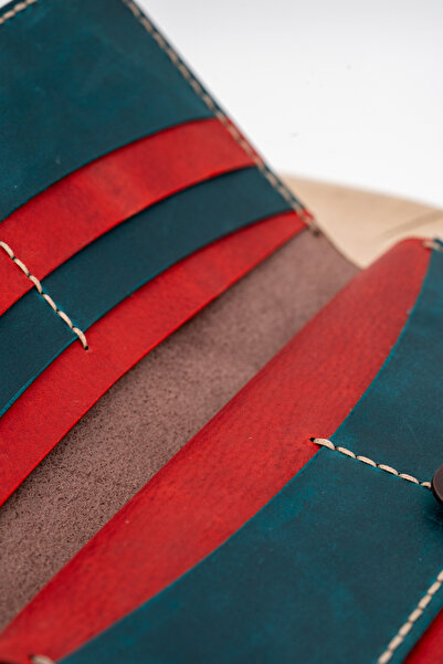 tudorAce Women's tall wallet, brown genuine leather, 20x10 cm, red & petrol green interior