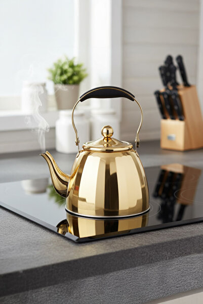 Vadi إبريق شاي ذهبي من الفولاذ المقاوم للصدأ بمقبض مريح سعة 2 لتر