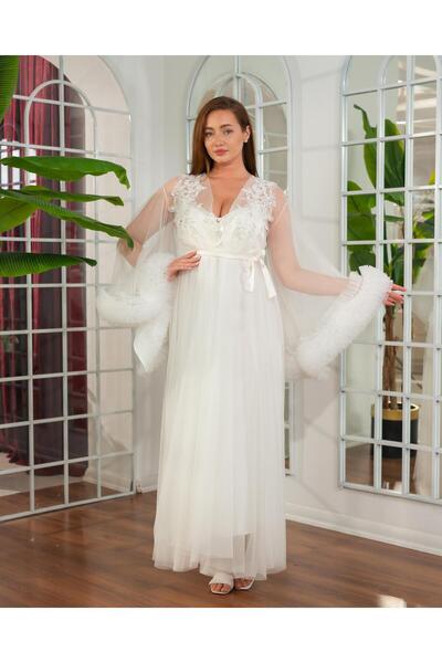 Limas lingerie ÖZEL TASARIM TÜL DETAYLI SATEN, 2 PARÇALI UZUN SABAHLIK