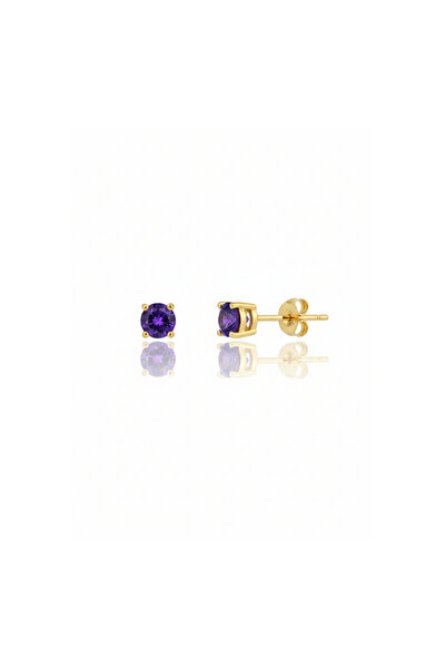 bymissmücevherat 925 Ayar Gümüş Gold Renk Lacivert Zirkon Tek Taş Küpe | 4 mm...