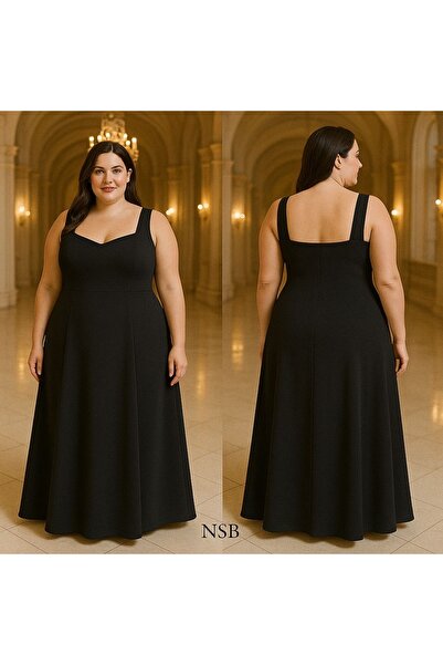 Nsb Tasarım Women's Black Thick Rope Strap Chest Low-Cut Long Dress