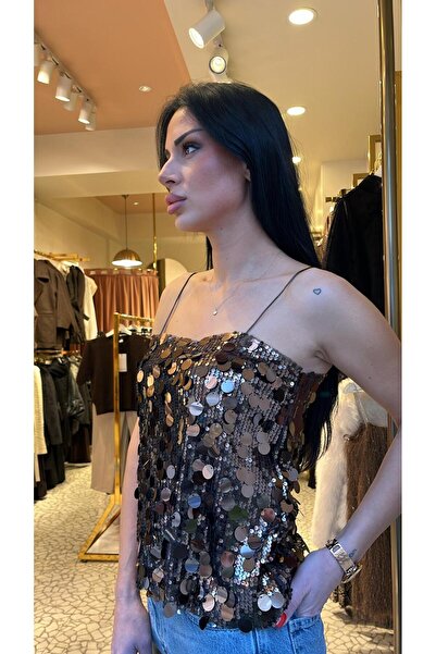 Twins Butik Kahverengi pullu bluz