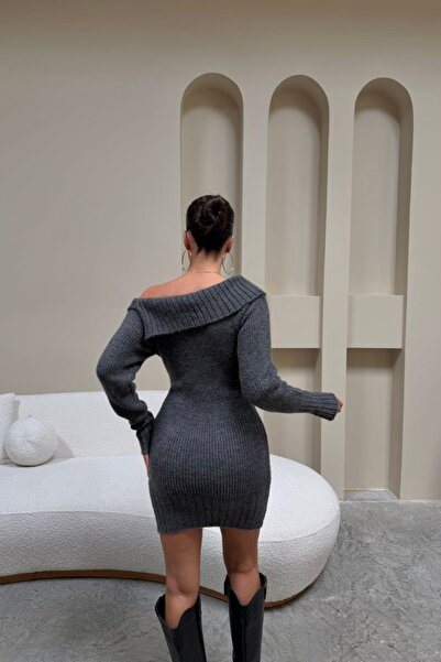 Auroveen Basic Geniş Kat Yaka Fit Model Triko Mini Elbise AV3912