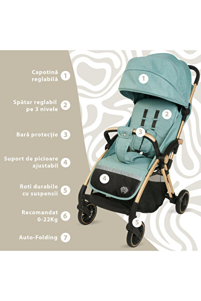 Bebelul AppeKids Sports Stroller – Upp – Ultracompact, Automatic Folding, From Birth to 22kg - GREEN