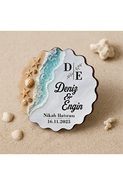 Tasarım Şeker 50 Adet Kişiye Özel Epoksi-Deniz Dalgası Görünümlü Ahşap Magnet...