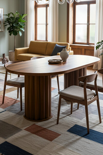 Liya Sare Yemek Masası 6 Kişilik Yemek Masası Salon Yemek Masası Bohem Oval Mutfak Masası 160x90 Cm Ahşap