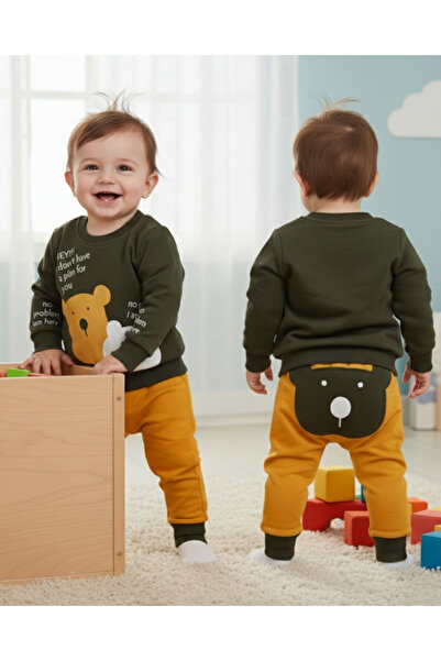 Ege Bebek Baby Boy Bottoms with Teddy Bear Print 3-6-9-12-18 Months Old Top and Bottom Daily Tracksuit Set