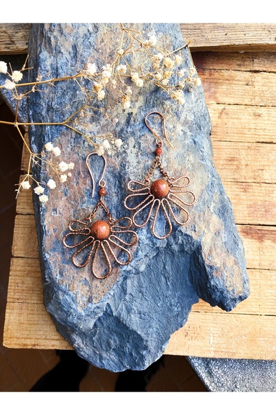 MODA Kum Taşı Doğaltaş Bakır Tel Sarma Küpe