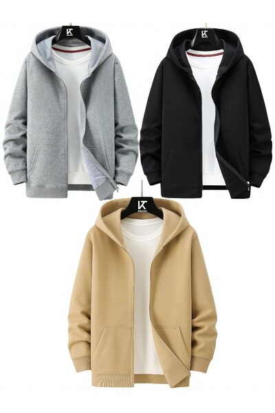 Karatopak سترة رياضية بقلنسوة للجنسين بسحاب، طقم من 3 قطع