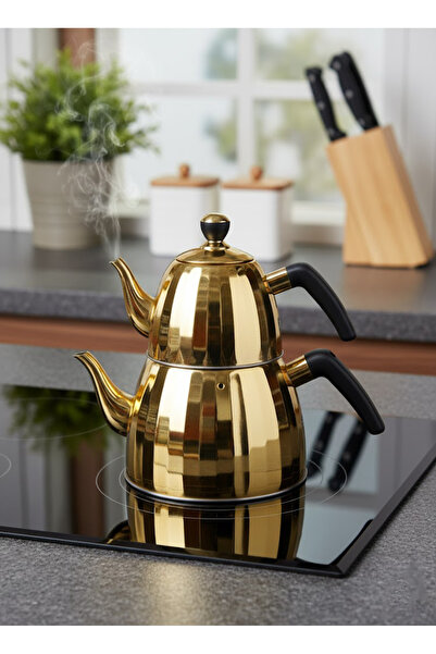 Vadi طقم إبريق شاي ذهبي من الفولاذ المقاوم للصدأ مع مقبض مريح