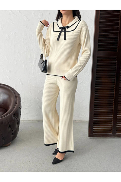 Lusin Women's Ecru Bow Detailed Corded Fabric Piece Stylish Knitwear Set