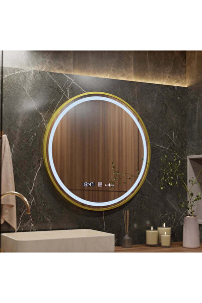Marcello Round LED Mirror 60 cm Celeste Royale Gold – Dimmable, Demisting System, Clock & Thermometer