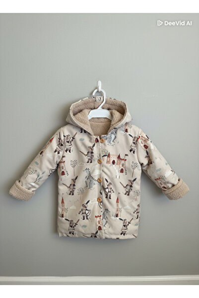 BeeMyBaby Erkek Çocuk İçi Polarlı Ejderha ve Şövalye Temalı Bej Renk Kapüşonl...