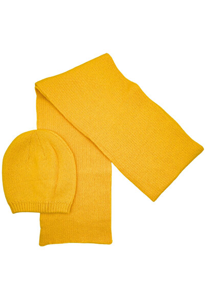 Sofist İstanbul Yellow Knitted Women's Scarf & Beanie Set Solid Color Long Soft Scarf and Beanie Set