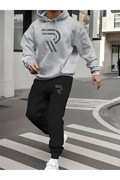 Massgai Unisex R Printed Hooded Oversized Bottom-Top Set Jogger Cotton Tracksuit Set