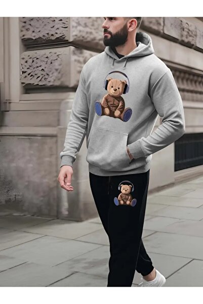 Massgai Unisex Music Bear Printed Hooded Oversized Bottom-Top Set Jogger Cotton Tracksuit Set