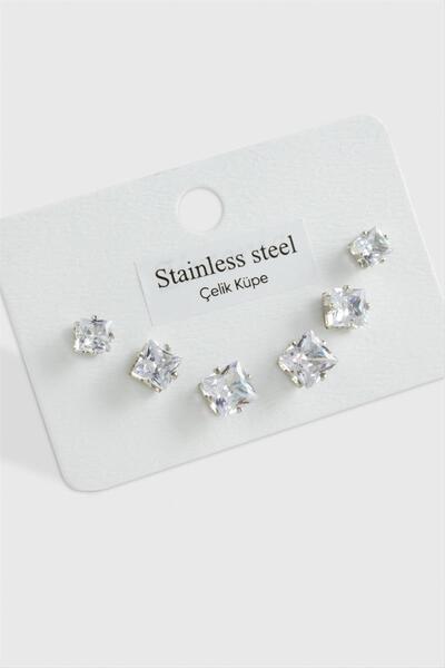 ZERO LAND Lvsqvr 6 Pcs Square Zircon Single Stone Steel Earrings Big Square (214738) -Silver Color