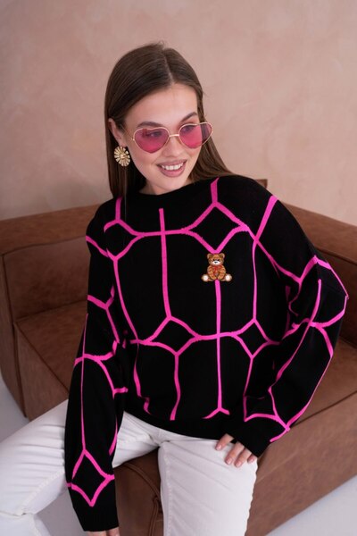 Noi Belis Oversized Teddy Bear Ethnic Patterned Knitwear Sweater Aw25Kz0078