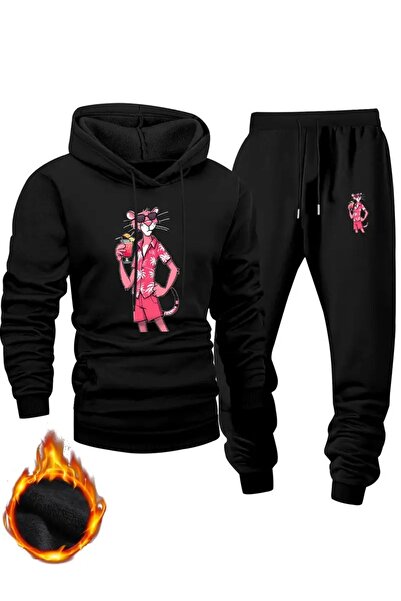 Massgai Unisex Pink Panther Printed Hooded Oversized Bottom-Top Set Jogger Cotton Tracksuit Set