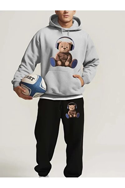 Massgai Unisex Music Bear Printed Hooded Oversized Bottom-Top Set Jogger Cotton Tracksuit Set