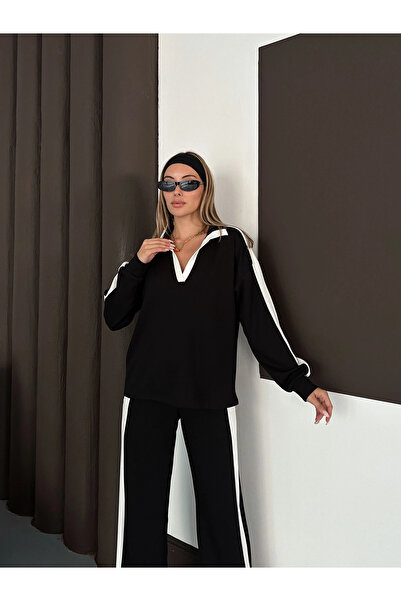 Lusin Women's Black Soft Premium Fabric Striped Detail Blouse Pants Bottom Top Two Piece Set