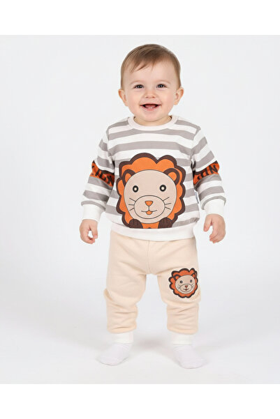 Egelite Lion Patterned Baby Set (3-18 Months) - Striped Long Sleeve Sweatshirt and Sweatpants