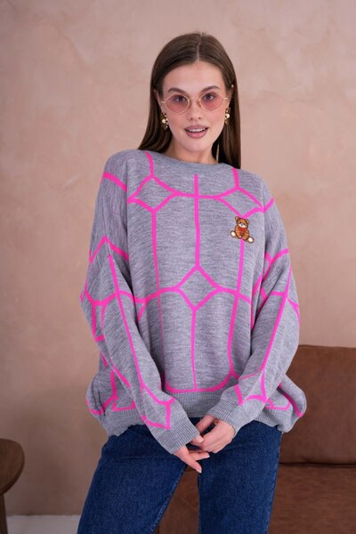 Noi Belis Oversized Teddy Bear Ethnic Patterned Knitwear Sweater Aw25Kz0078