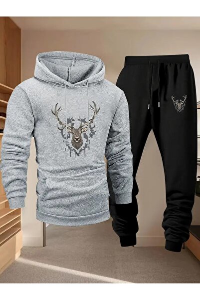 Massgai Unisex Deer Geyik Printed Hooded Oversized Bottom-Top Set Jogger Cotton Tracksuit Set