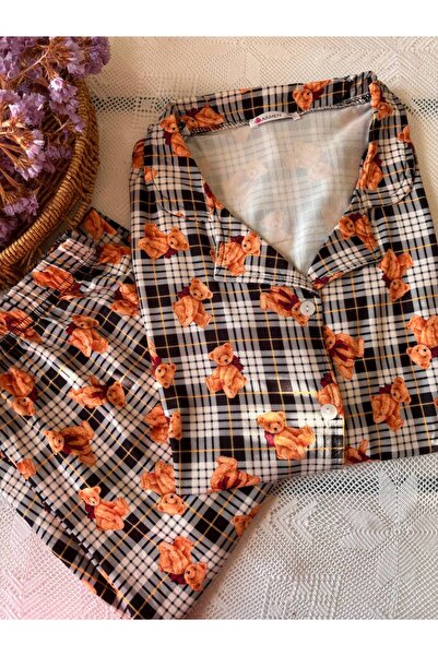 inspira lingerie Women's Teddy Bear Patterned Buttoned Collar Pajama Set