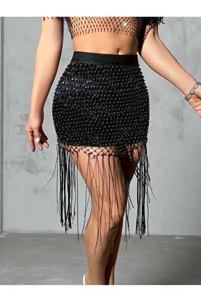 Veille Stone Detailed Mini Tassel Party Skirt & Party and Special Evening Wear & Mesh Stone Mini Skirt