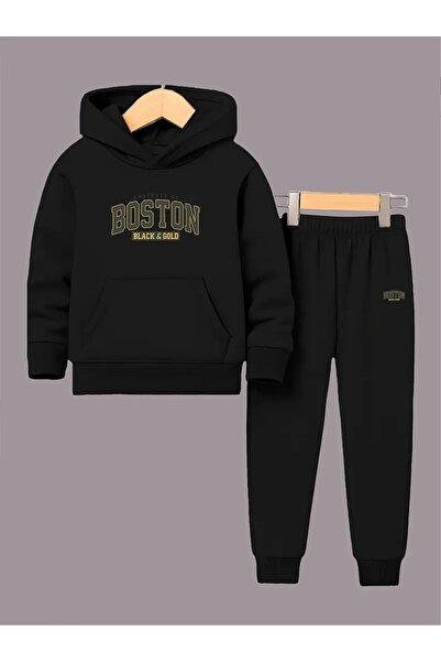 Massgai Unisex Black Boston Printed Hooded Oversized Bottom-Top Set Cotton Tracksuit Set