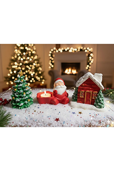 Home Yılbaşı Temalı Dekor Seti - Çam Ağacı, Noel Baba Mumluk & Kırmızı dağ ev...