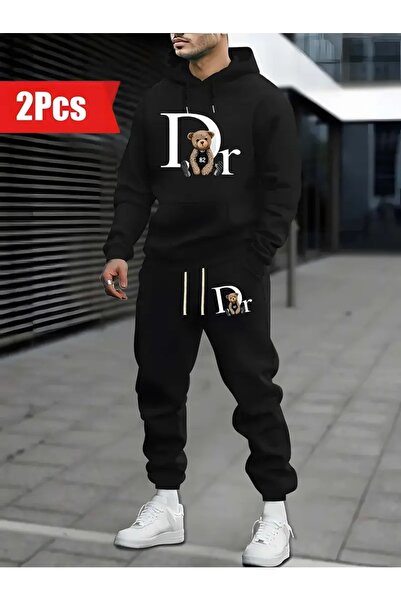Massgai Unisex Dr Bear Printed Hooded Oversized Bottom-Top Set Cotton Tracksuit Set