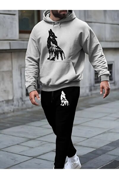Massgai Unisex Wolf Kurt Printed Hooded Oversized Bottom-Top Set Cotton Tracksuit Set
