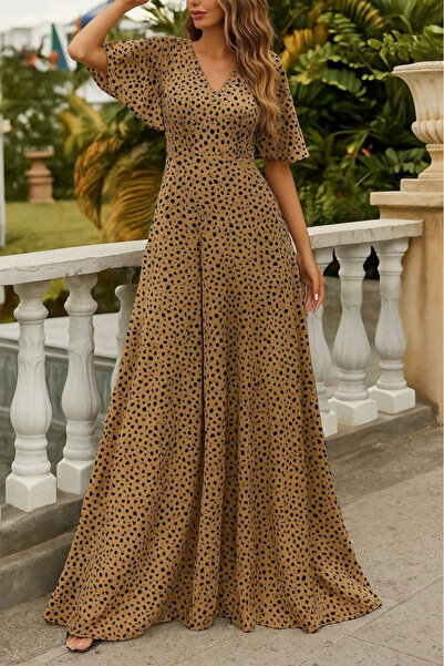 GENCULUS Women's Short Sleeve V Neck Patterned Single Jersey Dress