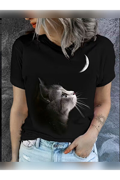 TİMİSİVA Μπλουζάκι Unisex oversized KEDİAY B με τύπωμα με κοντό μανίκι ΜΑΥΡΟ