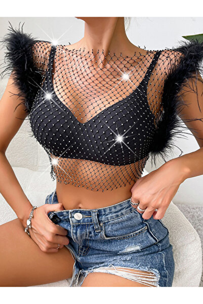 Veille Sparkly Mesh Detailed Strapless Crop & Stone Embellished Party Model & Sleeve Feathered Stone Transparent Night Crop